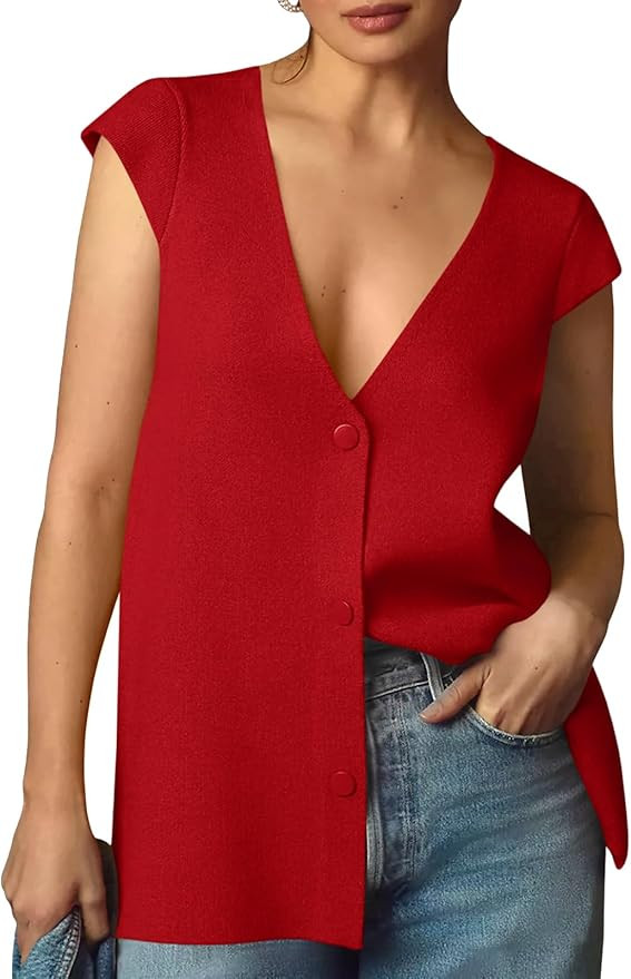 Saodimallsu Womens Deep V Neck Sweater Vest Sleeveless Knit Button Up Loose Fit Cap Sleeve Trendy... | Amazon (US)