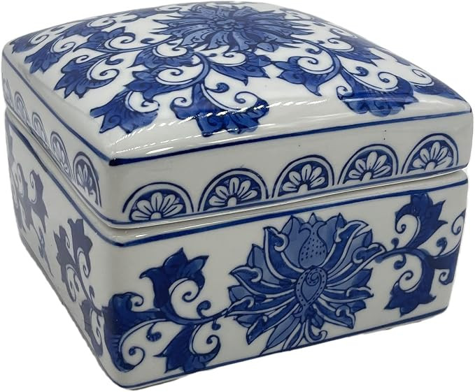 Blue & White China Lotus Floral Pattern Chinoiserie Square Ceramic Storage Box Jewelry Trinkets O... | Amazon (US)