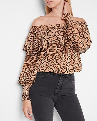 Leopard Print Ruffle Off The Shoulder Top | Express