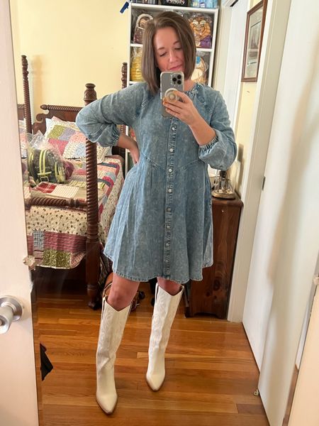 This Walmart denim dress has been sold out online, but I found it in store! I’m also loving these cowboy boots that were much cheaper (but still leather) than the Nordstrom dolce vita boots — wearing a small in dress and went up half a size in boots

#LTKSeasonal #LTKshoecrush #LTKstyletip