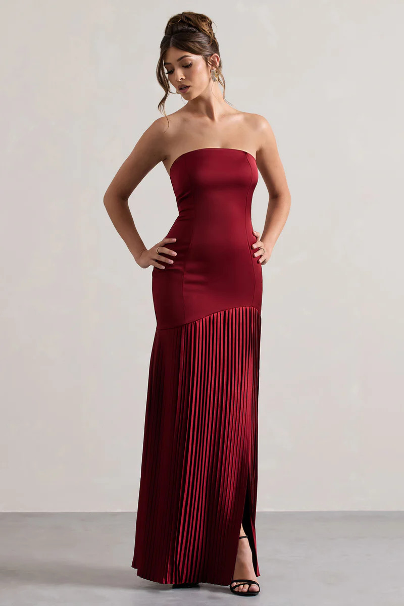 Confidence | Burgundy Satin Bandeau Pleated Split Maxi Dress | Club L London