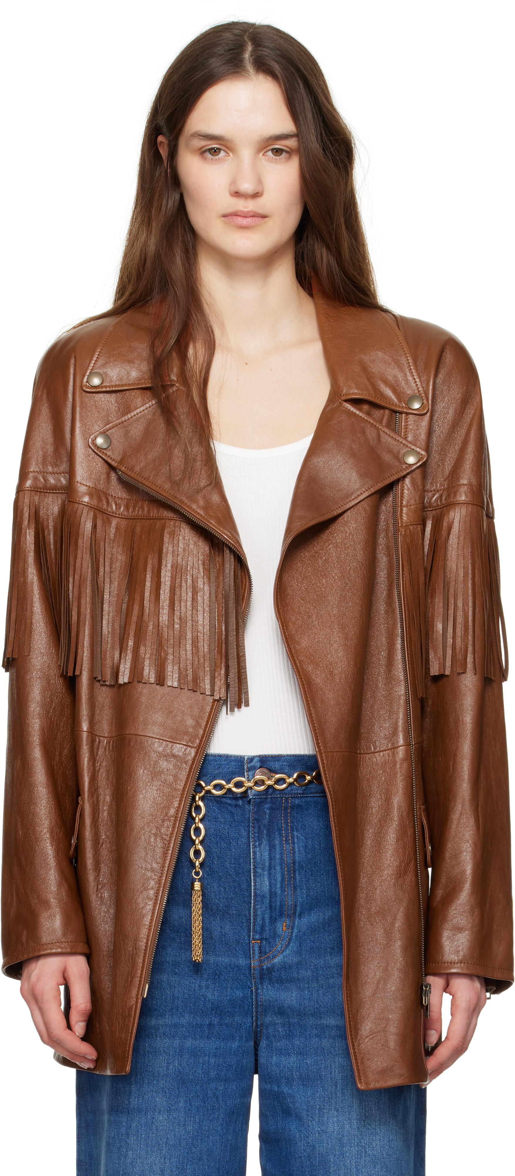 Chloé Brown Belted Fringed Leather Jacket | SSENSE