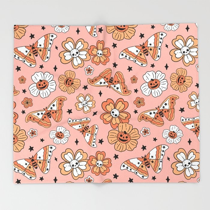Halloween Vintage Pumpkin Flowers Boho Pattern Throw Blanket | Society6