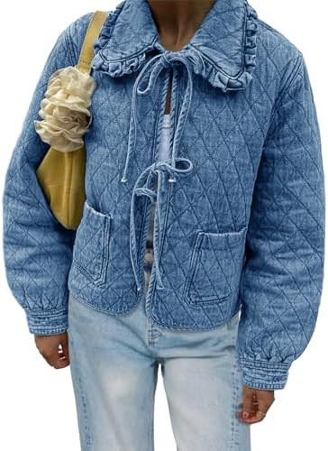 Tankaneo Womens Quilted Denim Puffer Jackets Tie Front Bow Cropped Puffy Jackets Fall Cute Short ... | Amazon (US)