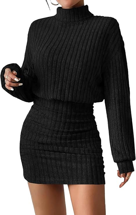 AUXDIO Women's Mock Neck Sweater Dress Fall Long Lantern Sleeve Bodycon 2025 Pullover Mini Short ... | Amazon (US)