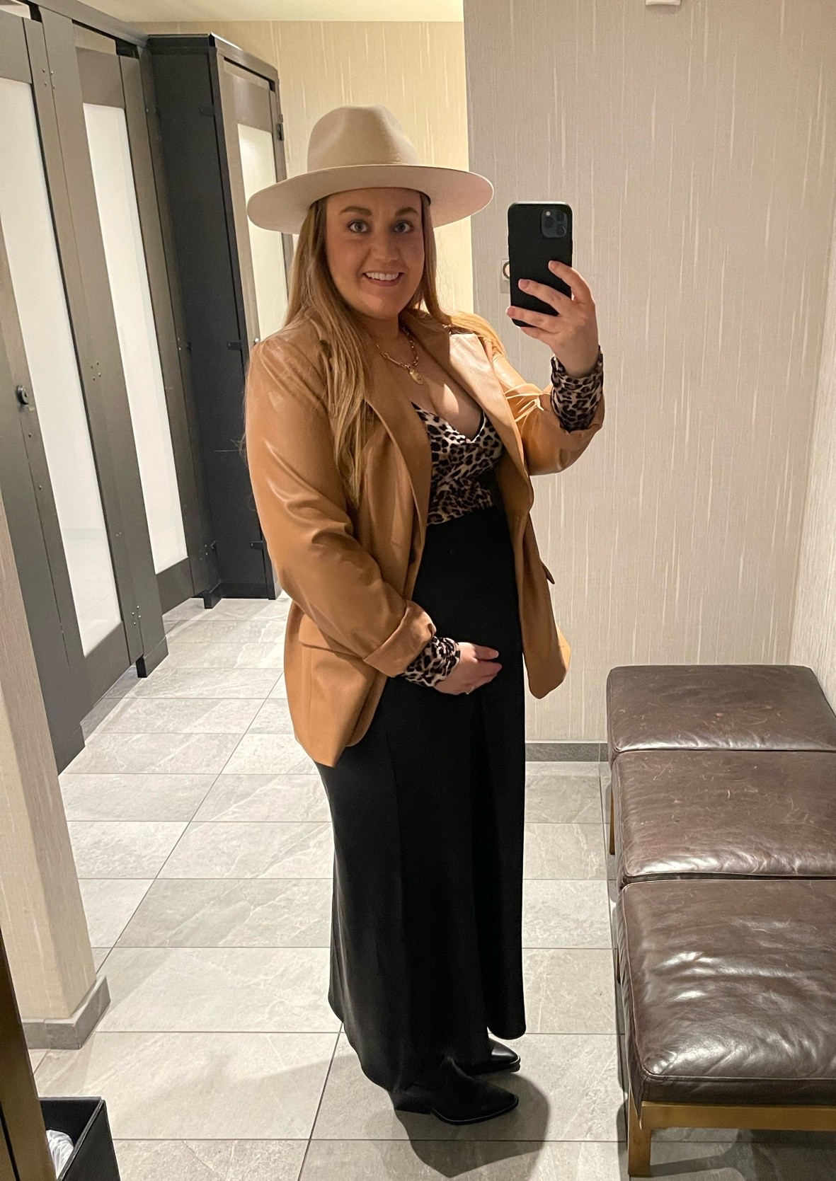 Satin skirt, maxi skirt, black skirt, Amazon outfit, Amazon style, leopard top, wide brim hat, neutral hat, bump friendly, Nashville outfit, tan hat

#LTKootd #LTKBump #LTKMidsize