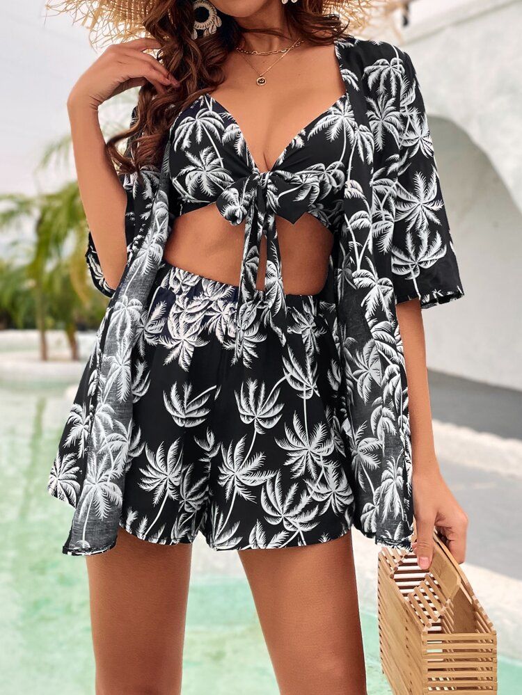 Tropical Print Tie Front Cami Top & Kimono & Shorts | SHEIN