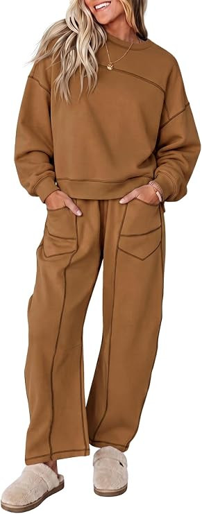 Fisoew Womens 2 Piece Lounge Sets Long Sleeve Tops Wide Leg Pants 2026 Fall | Amazon (US)