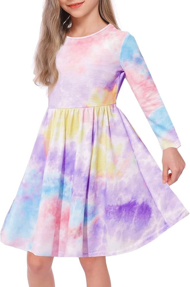 Jorssar Girls Tie Dye Dress Clothes Kids Cotton Long Sleeve School Twirly Skater Dress Size 5-12 ... | Amazon (US)
