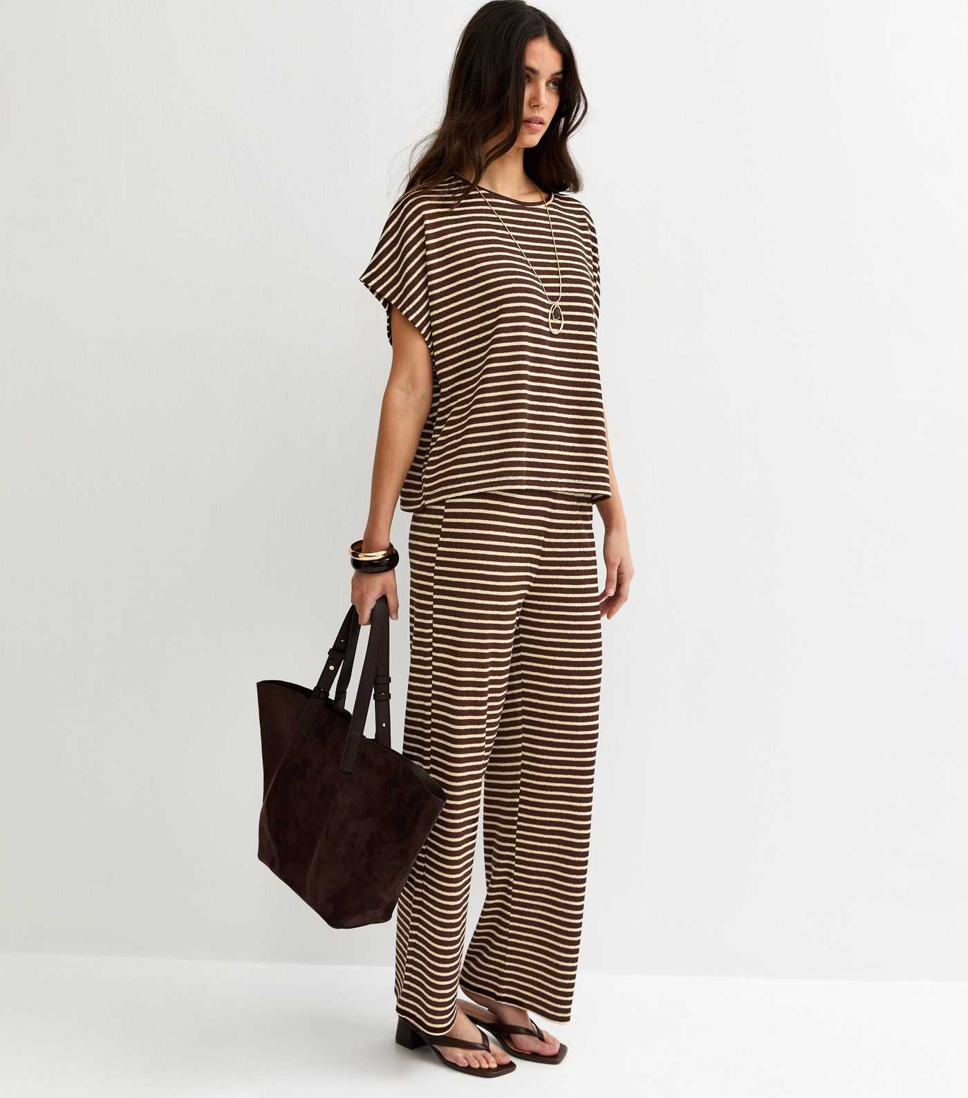 Brown Textured Striped Wide Leg Trousers | New Look | New Look (UK)