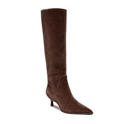 ZJGZF Chocolate Suede Knee High Boots for Women Kitten Heel Pointed Toe Tall Boots Low Heeled Side Zipper Long Shoes Fashion Dessy | Amazon (US)