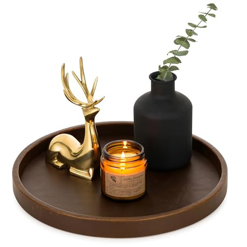 Hanobe Decorative Tray Round Serving: Faux Leather Coffee Table Trays Decor 12 inch Small Brown Circle for Bar Ottoman Party Modern Home Kitchen Counter Centerpiece | Amazon (US)