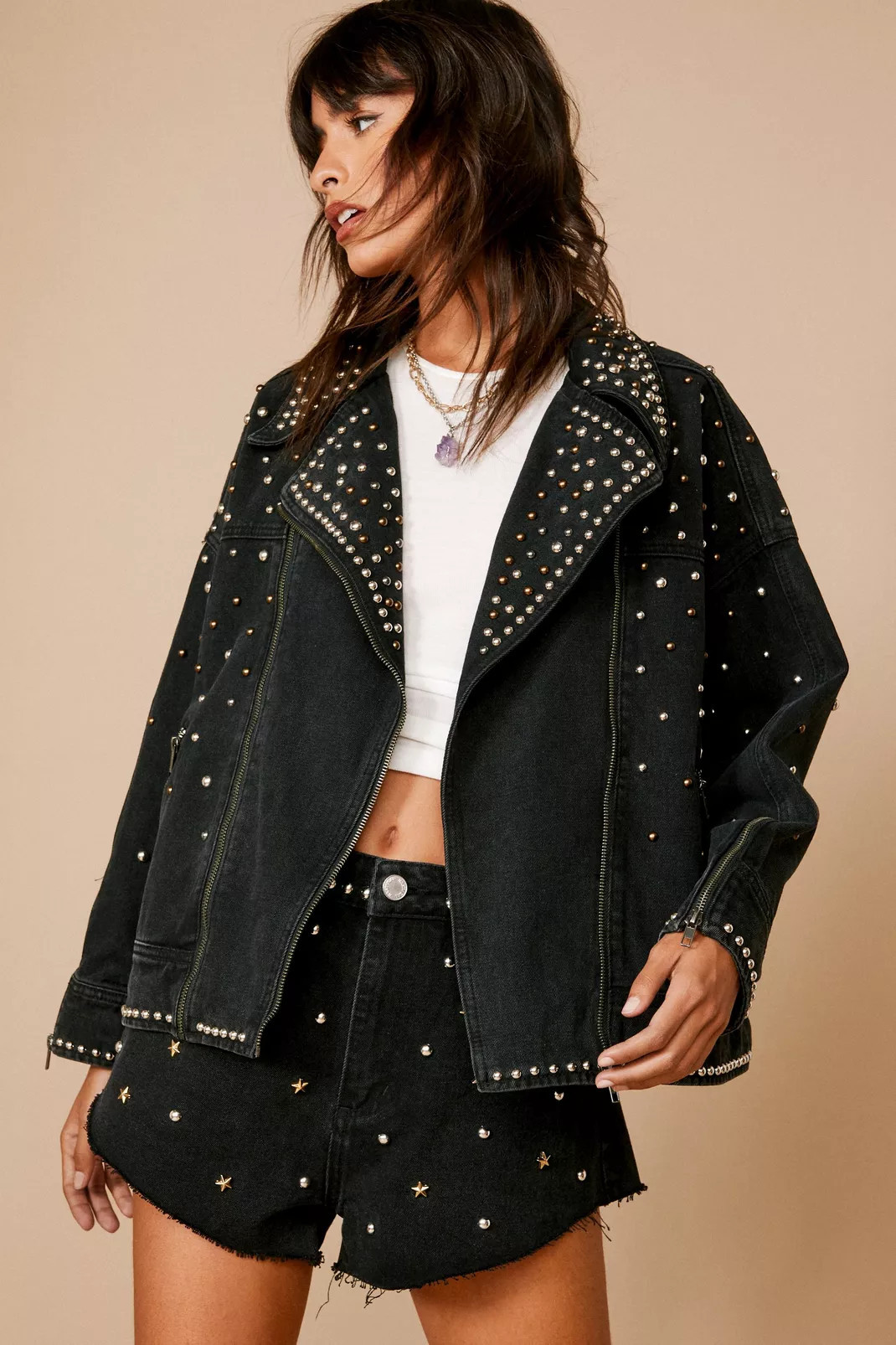 Premium Embellished Studded Denim Moto Jacket | Nasty Gal US
