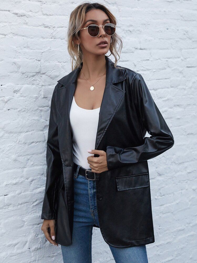 PU Leather Button Up Blazer | SHEIN