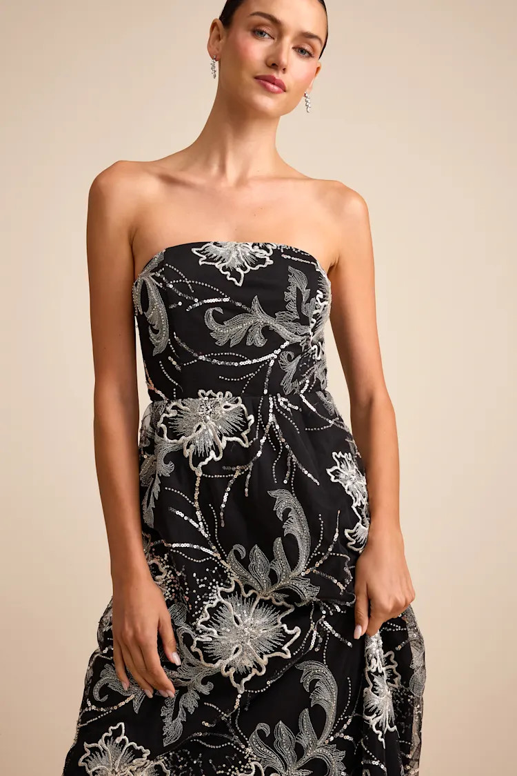 Tisdale Black and Silver Embroidered Strapless Maxi Dress | Lulus