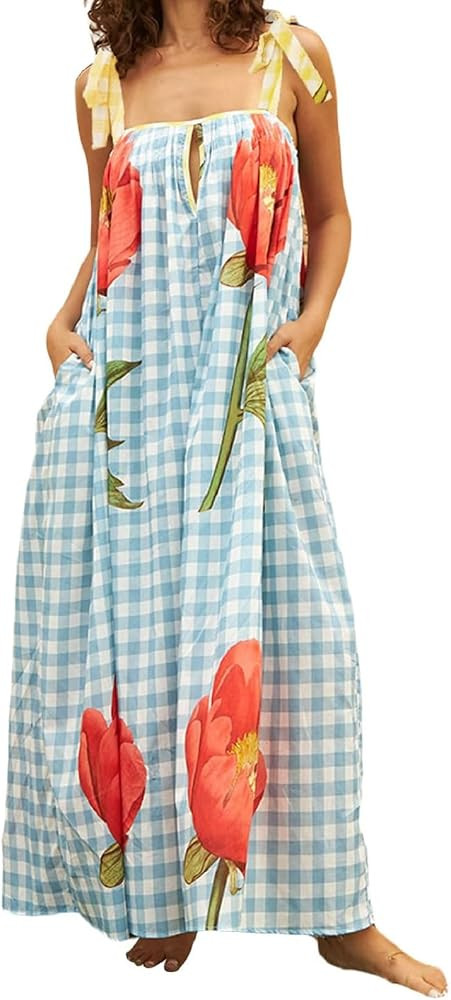 Women Y2k Gingham Dresses Sleeveless Ruched Strappy Plaid Maxi Dress Tiered Flowy Long Sundress | Amazon (US)