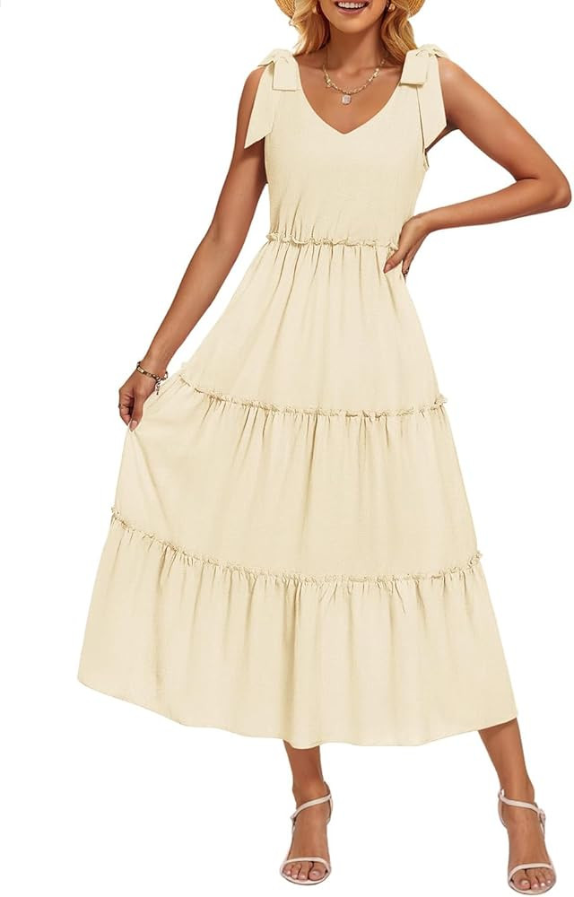 ZESICA Women's 2025 Summer Boho Casual V Neck Sleeveless Midi Dresses Tie Shoulder Flowy Tiered A... | Amazon (US)