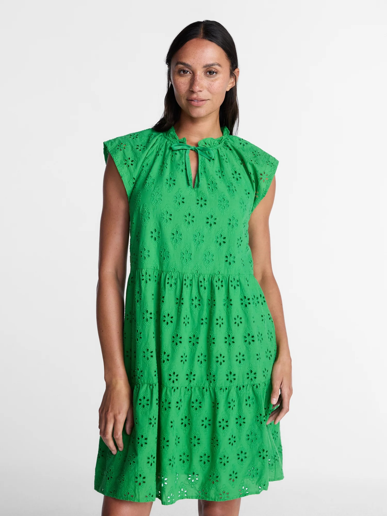 Time and Tru Women's Tiered Cotton Eyelet Mini Dress with Flutter Sleeves, Sizes XS-XXXL | Walmart (US)