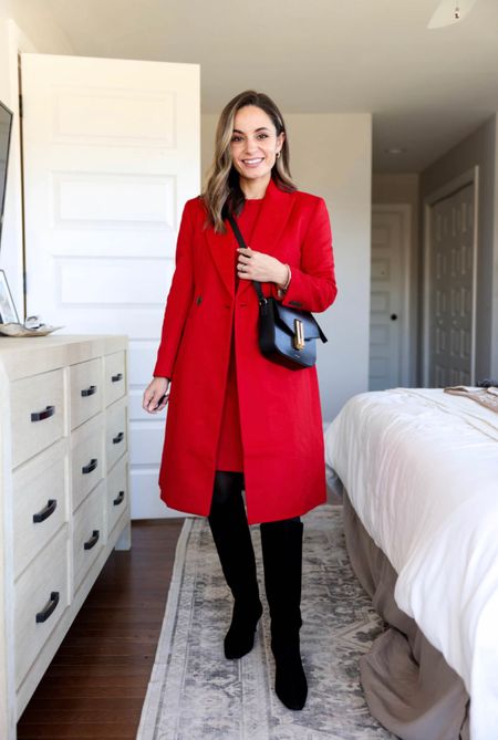 Black boots: true to size with a slim fit calf. 14” shaft height and 13” shaft circumference. 
J.Crew coat: petite 00 tts 
J.Crew Factory dress: petite 00 tts 
Tights: sheertex (unable to link) 

#LTKshoecrush #LTKHoliday #LTKSeasonal