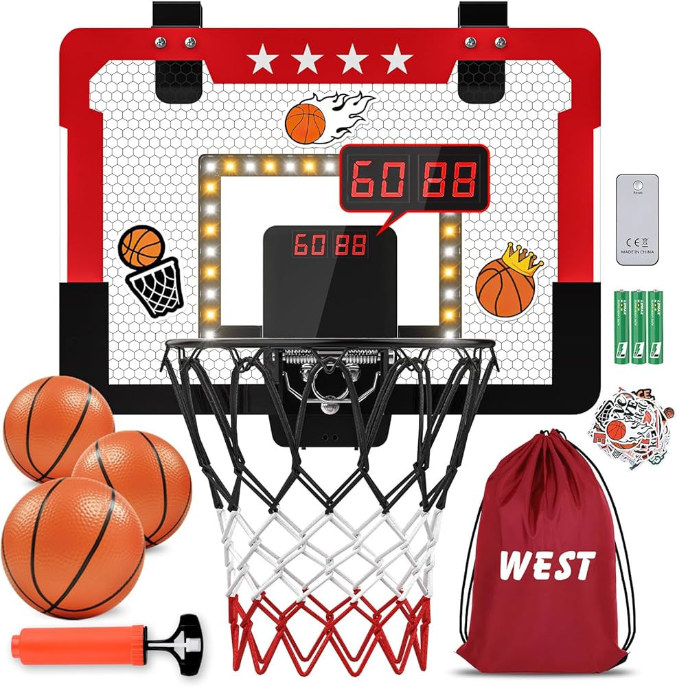 Indoor Basketball Hoop for Kids, Mini Basketball Hoop with Double Electronic Scoreboard and LED L... | Amazon (US)