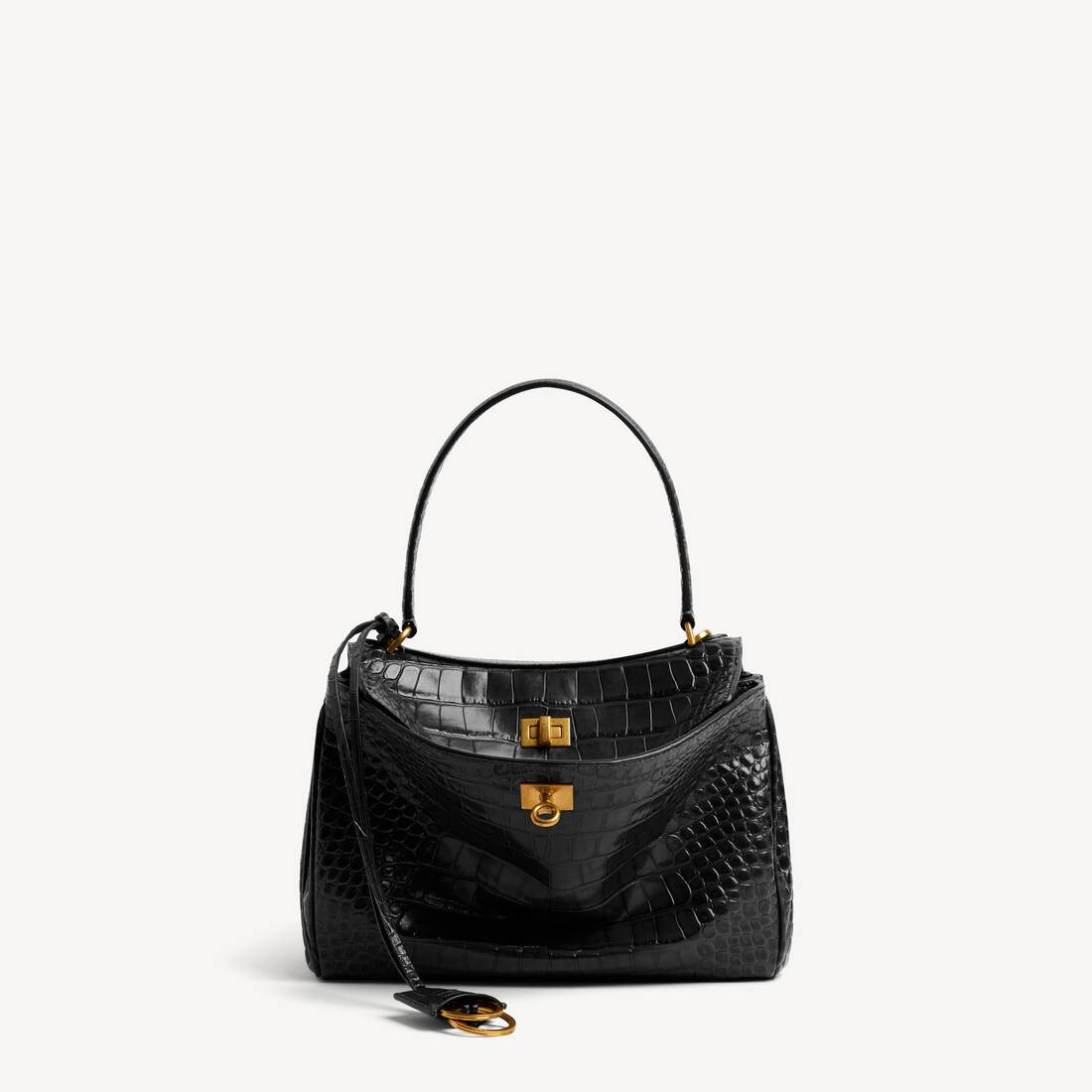 Rodeo Handbag Small in black crocodile embossed calfskin, aged-gold hardware | Balenciaga