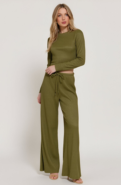 Modenaire Ribbed Long Sleeve Crop Top and Wide Leg Lounge Pants Set with Drawstring in Olive Gree... | Nordstrom
