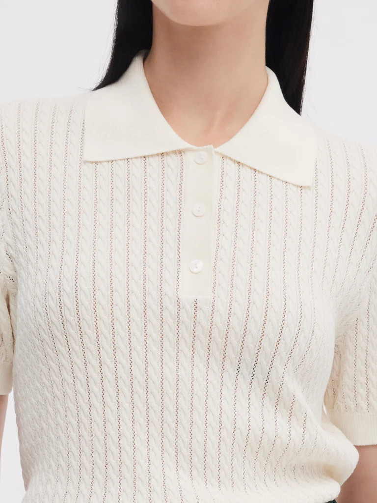 Tencel Blend Openwork Women Knit Polo Top | GOELIA