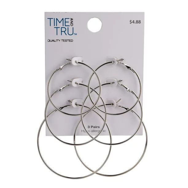 Time and Tru Female 3-On Imitation Rhodium Hoop Earring Set - Walmart.com | Walmart (US)