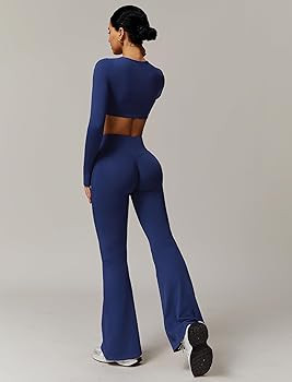 ABOCIW Workout Sets for Women 2 Piece Square Neck Long Sleeve Crop Tops High Waist Flared Legging... | Amazon (US)