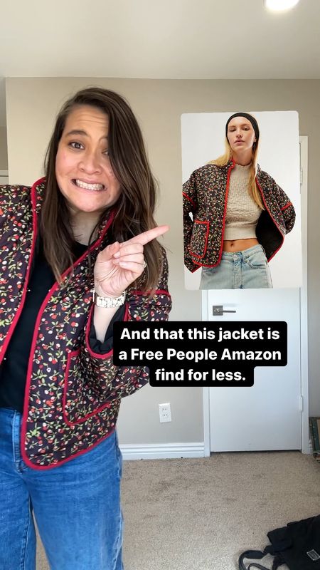 Found this free people look for less on Amazon - jacket has cherries 🍒 

Full outfit details: 
Jacket: Amazon 
Jeans and Shirt: Madewell 



#LTKfindsunder100 #LTKVideo #LTKMostLoved