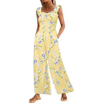 Caracilia Womens Jumpsuit Sleeveless Casual Dressy Smocked Wide Leg Rompers Summer Vacation Jumpe... | Amazon (US)