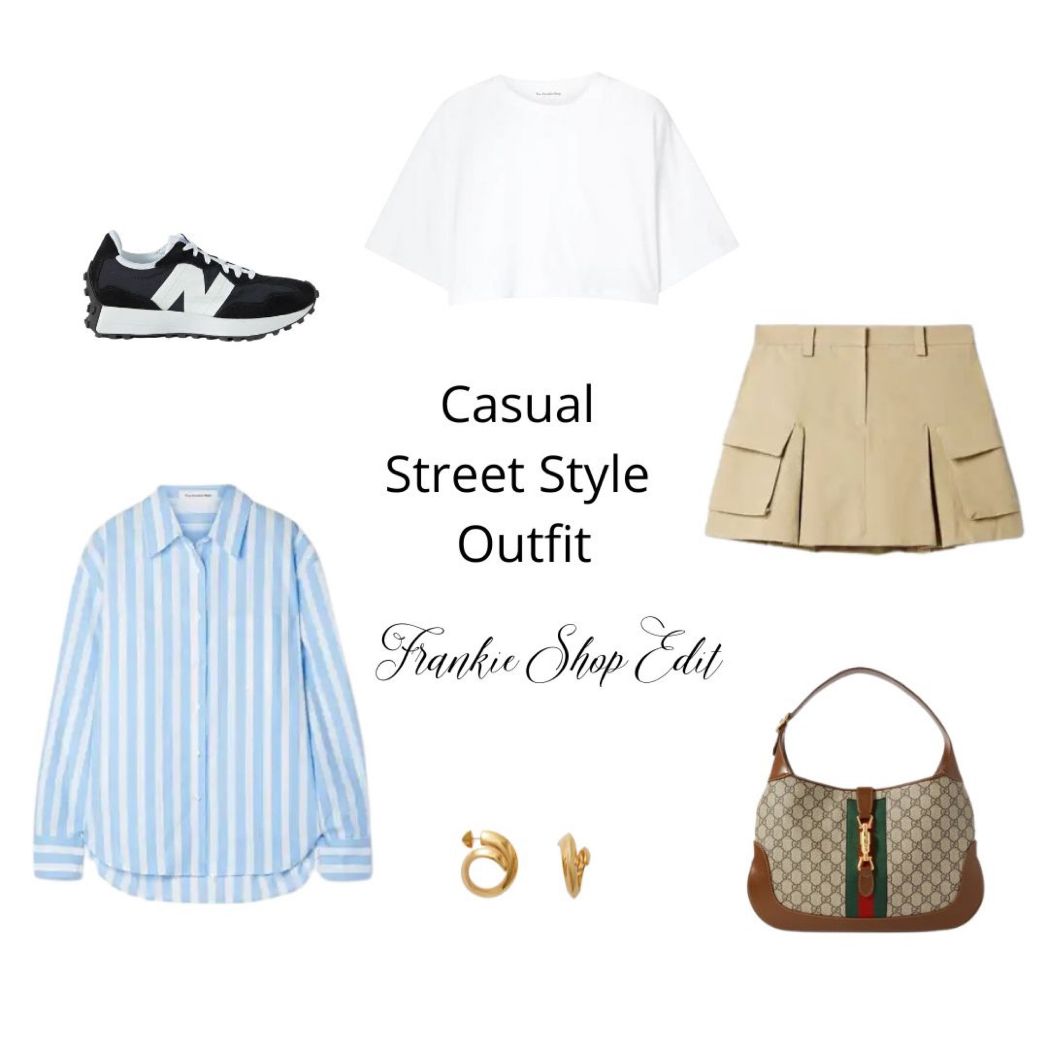 Casual Street Style Outfit. How to style a beige mini skirt and blue stripe shirt. Casual weekend outfit with cropped white t-shirt. 

#LTKfit #LTKSeasonal #LTKeurope