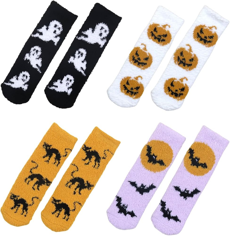 MarJunSep Halloween Fuzzy Socks for Women Teens Cozy Funny Horror Pumpkin Bat Ghost Grippy Socks | Amazon (US)