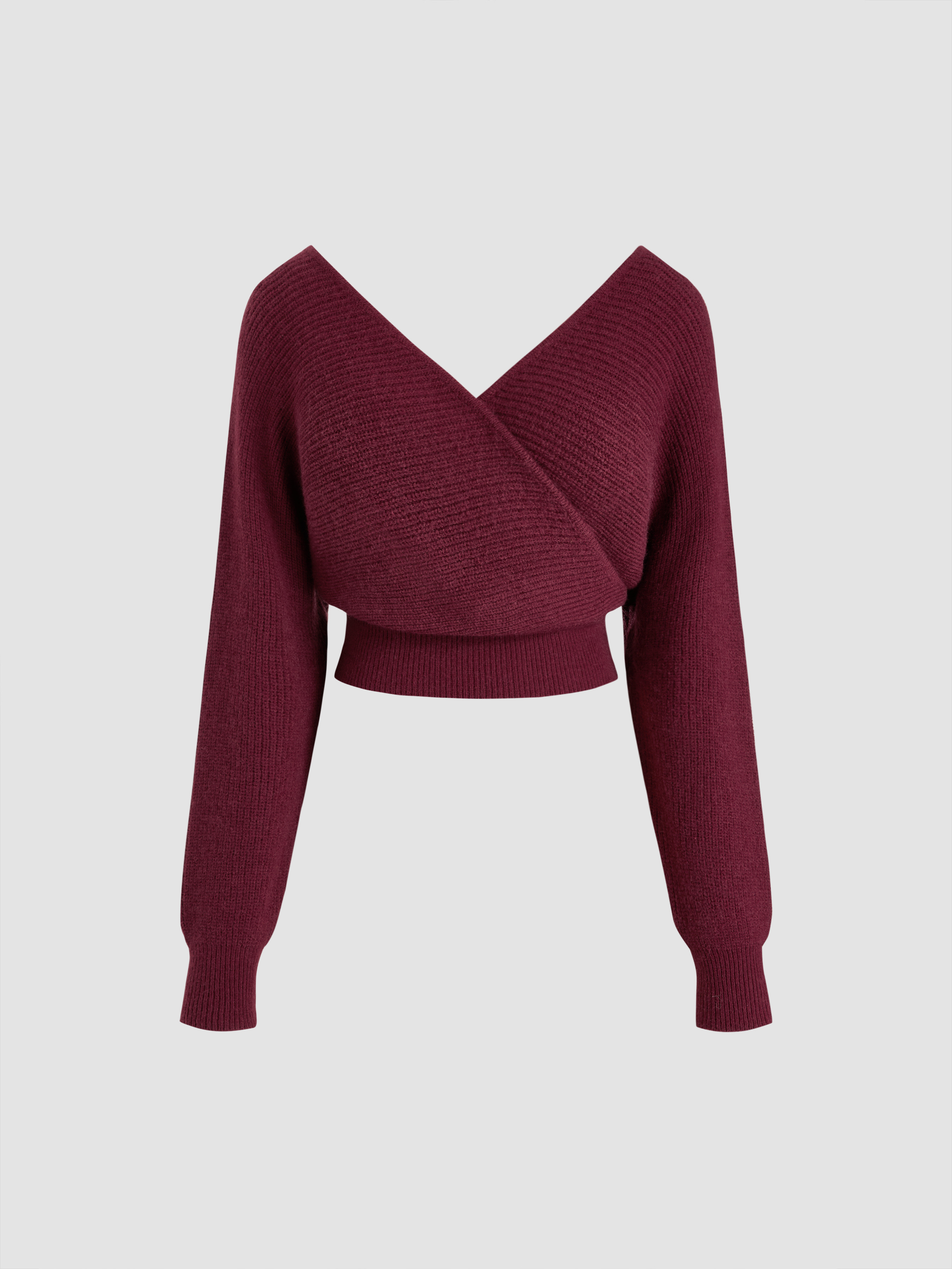 Knit V-neck Solid Wrap Crop Long Sleeve Top | Cider