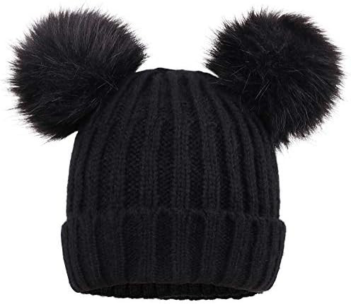 YoungLove Women's Faux Fur Pompom Mickey Ears Cable Knit Winter Beanie Hat | Amazon (US)