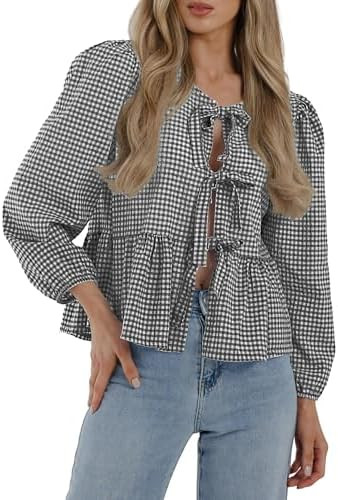 PRETTYGARDEN Women's Spring Fall Babydoll Peplum Blouse Shirt Puff Long Sleeve Bow Tie Front Tren... | Amazon (US)