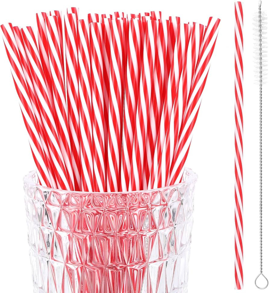 JANYUN 30 Pcs Christmas Straws Plastic, Reusable Red and White Striped Straws 9 Inch Xmas Hard Pl... | Amazon (US)