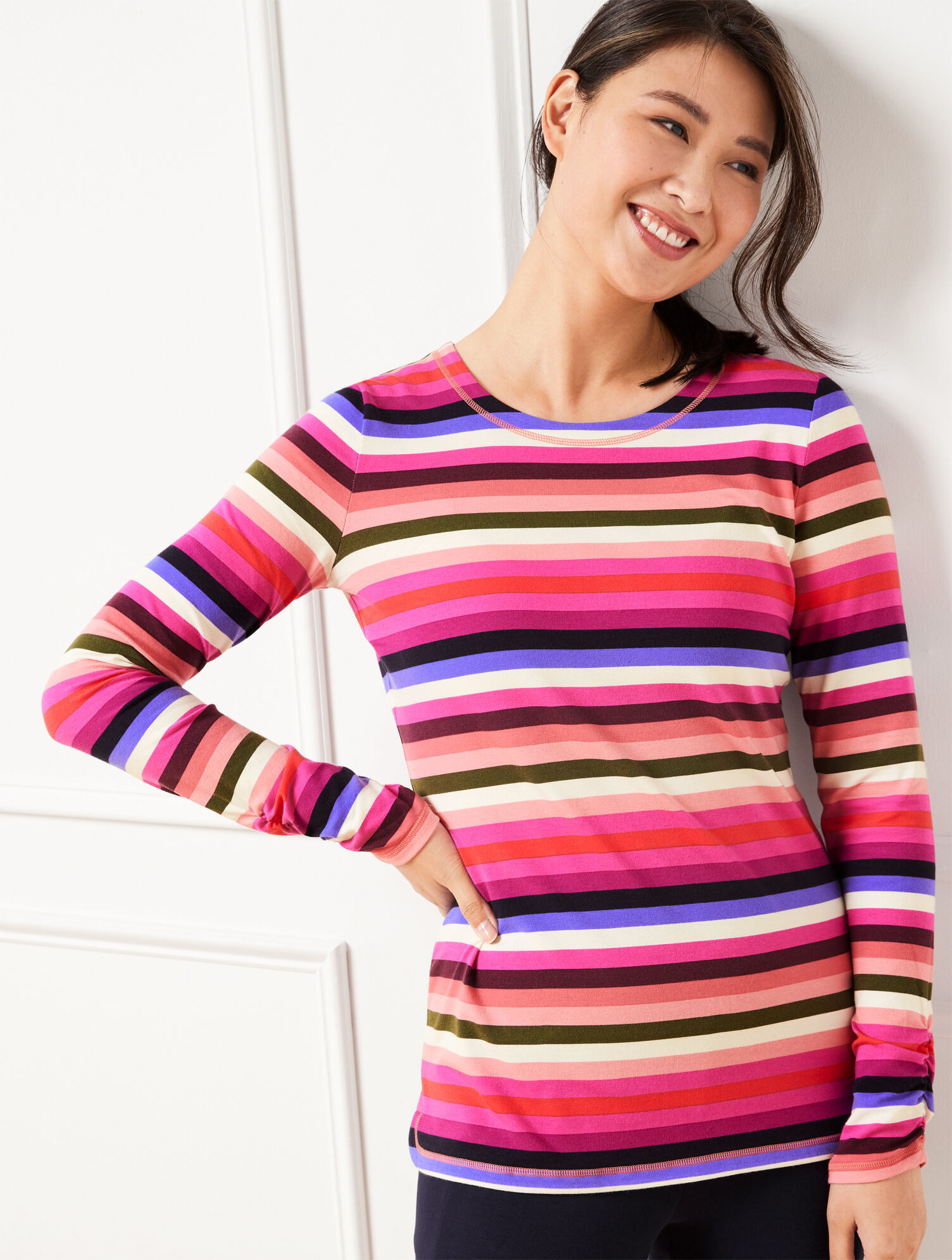 Supersoft Jersey Ruched Sleeve Tee - Canteen Stripe | Talbots