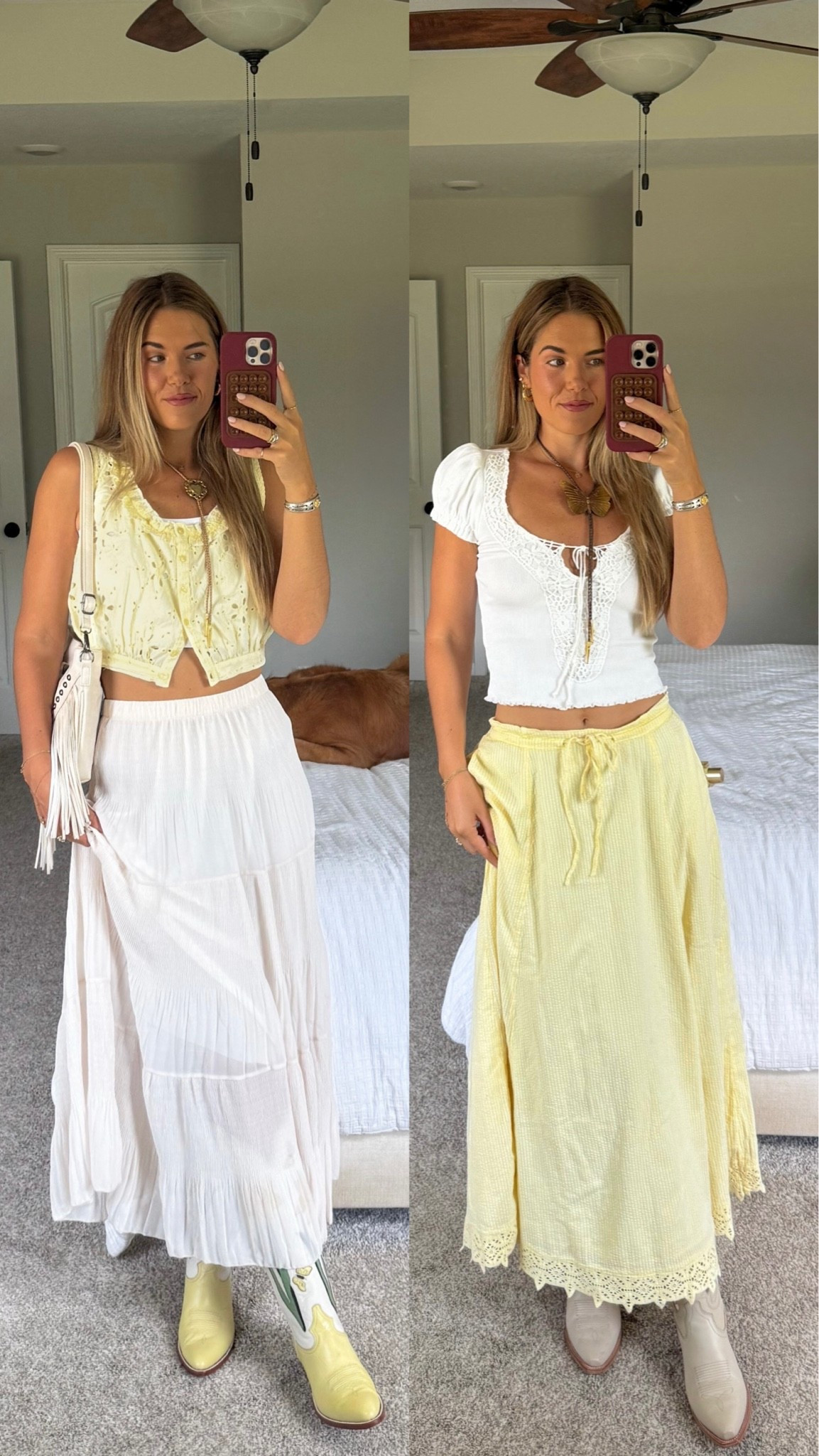 this or that 🤭 effortless summer outfits with a hint of western🌼💛 bolo ties are from november maker (i linked similar) yellow skirt & top are a matching set! i did an small, size small in white top & skirt too - yellow boots are from petite paloma

#LTKgrwm #LTKootd #LTKSeasonal