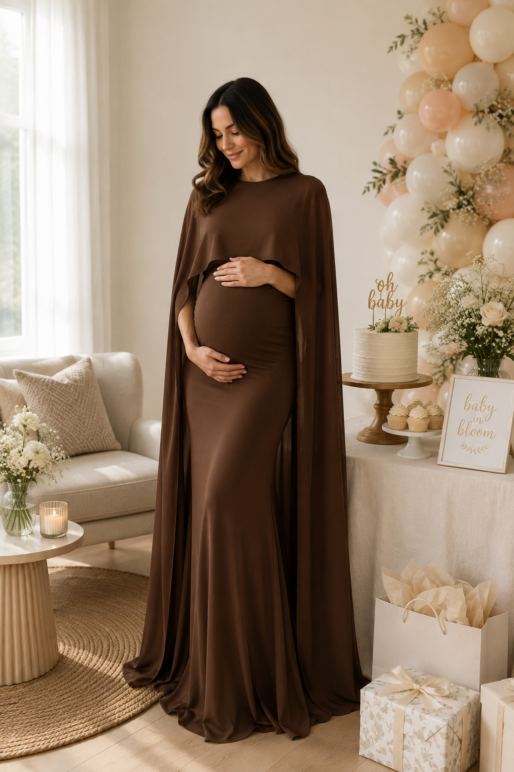 Okay this one looks SO expensive. The chocolate brown color already feels super luxe, but the cape detail makes it even more special. Such a gorgeous pick if you want something dramatic, elegant, and different for your baby shower or maternity pictures. 🤎
#MaternityGown #CapeDress #ChocolateBrownDress #BabyShowerDress #MaternityStyle #FallBabyShower #BabyShowerOutfit #MaternityPhotoshoot #PregnancyStyle #MomToBeStyle #ElegantMaternity #FallMaternityFashion 

 #LTKSeasonal #LTKBump #LTKWedding