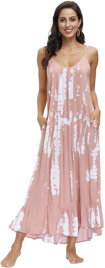 BUENOS NINOS Women's V Neck Floral Maxi Dress Boho Printed Adjustable Spaghetti Strap Ethnic Beac... | Amazon (US)