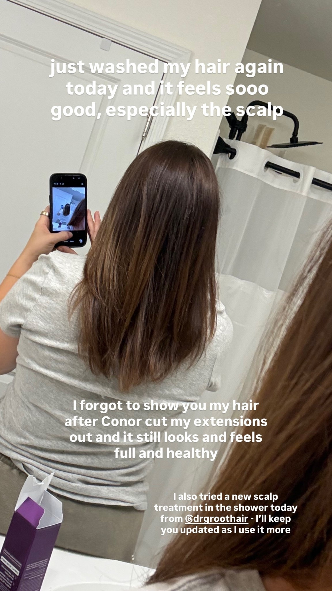 just washed my hair again today and it feels sooo good, especially the scalp I forgot to show you my hair after Conor cut my extensions out and it still looks and feels full and healthy  I also tried a new scalp treatment in the shower today from @drgroothair - I’ll keep you updated as I use it more