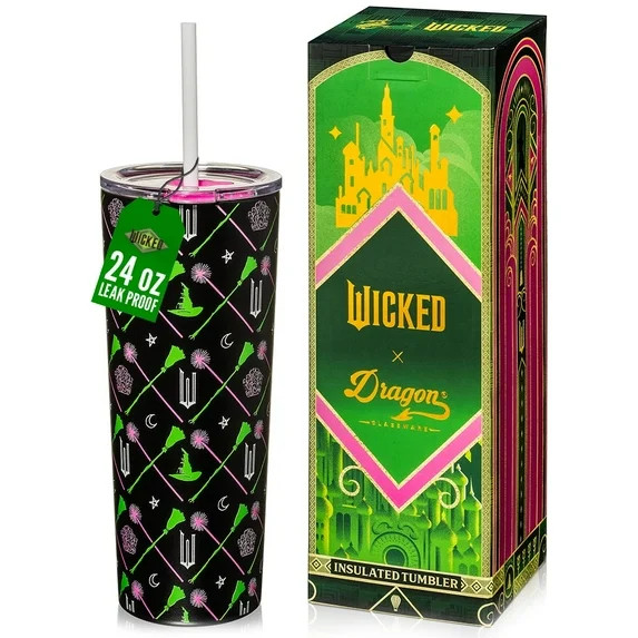 Dragon Glassware x Wicked 24 oz Vacuum Insulated Tumbler with Lid and Straws, Elphaba and Glinda | Walmart (US)