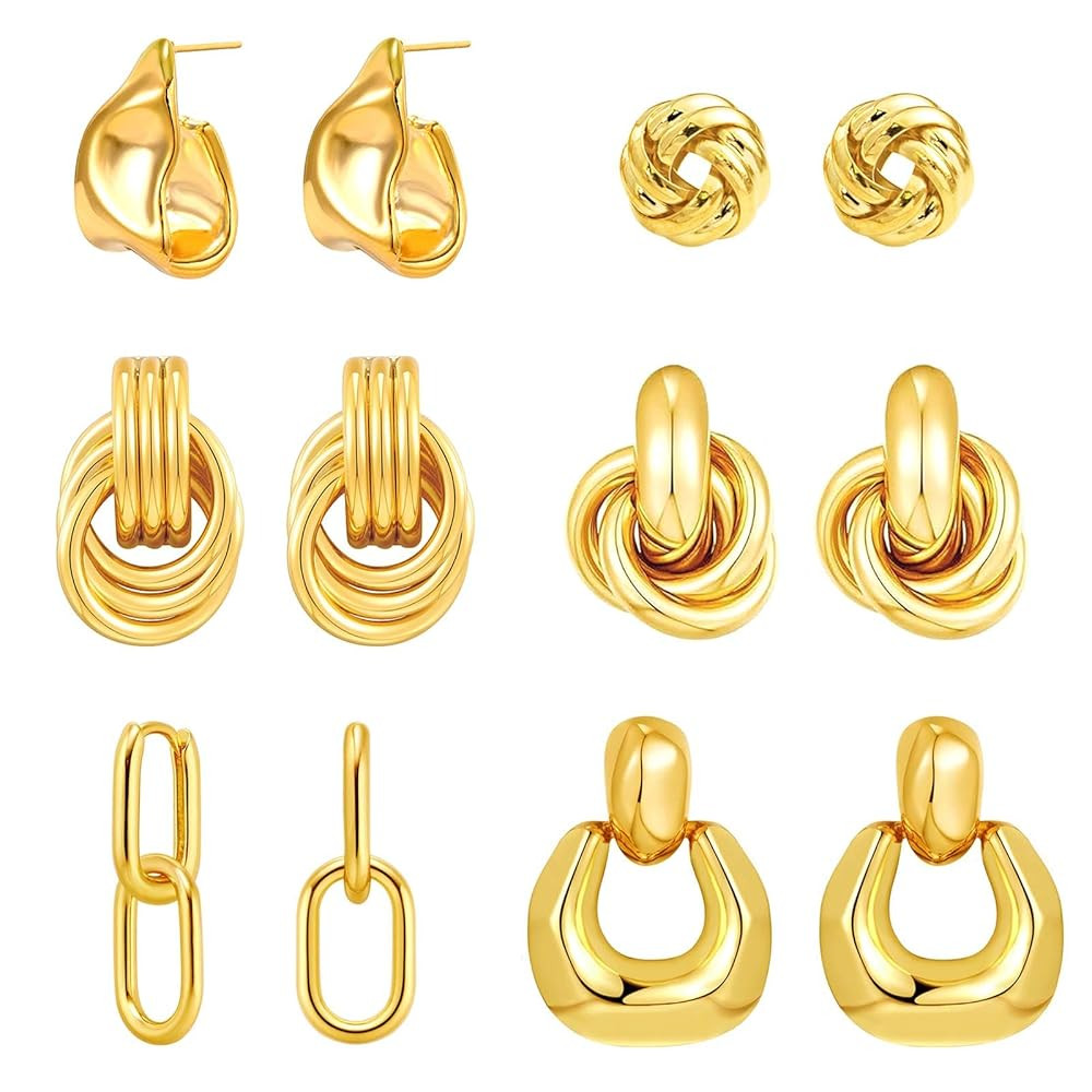 6 Pairs Gold Dangle Earrings for Women, 14K Gold Plated Earrings Geometric Knot Drop Huggie Earri... | Amazon (US)