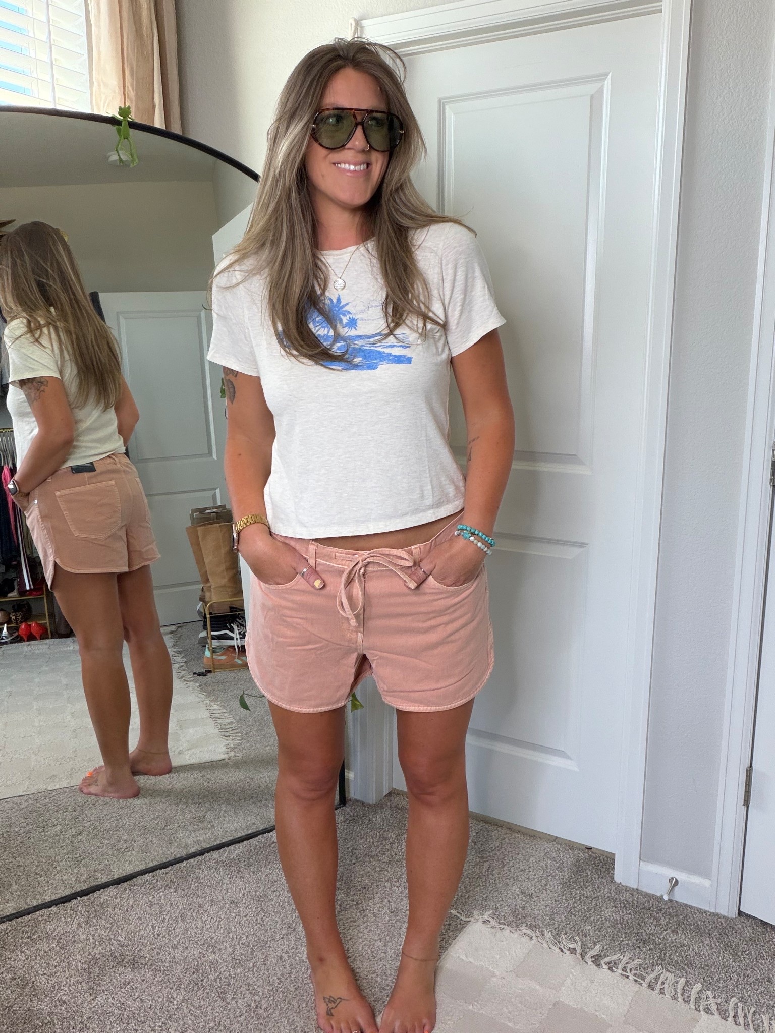 Medium tee, large shorts 

#LTKTall #LTKOver40