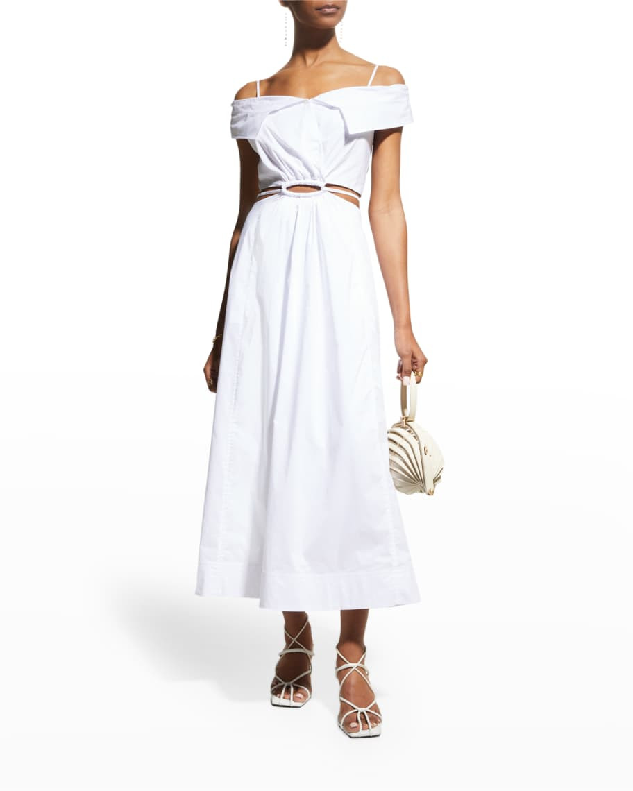 Jonathan Simkhai Ansley Poplin Off-The-Shoulder Cutout A-Line Midi Dress | Neiman Marcus