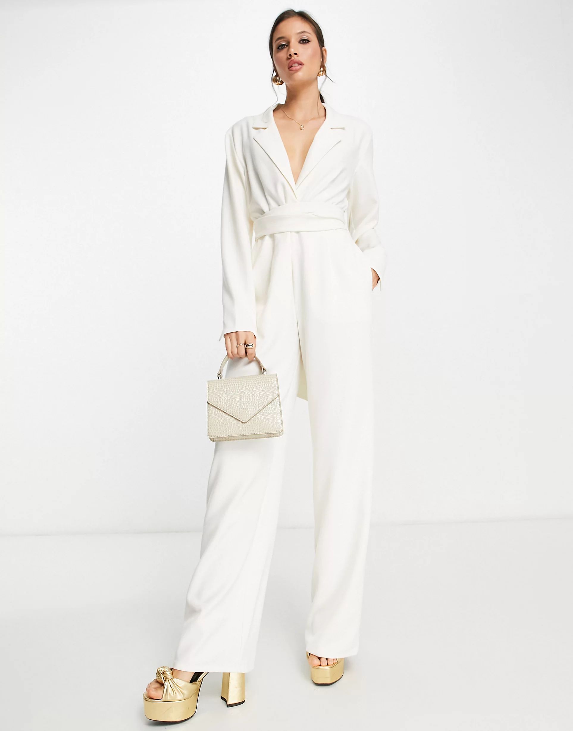 Pretty Lavish wrap waist tailored jumpsuit in cream | ASOS (Global)