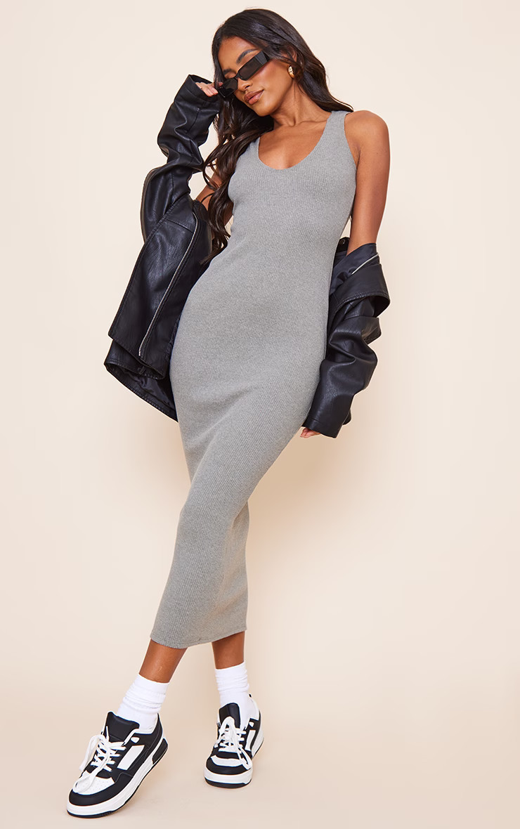 Dark Grey Rib Plunge Sleeveless Midaxi Dress | PrettyLittleThing UK