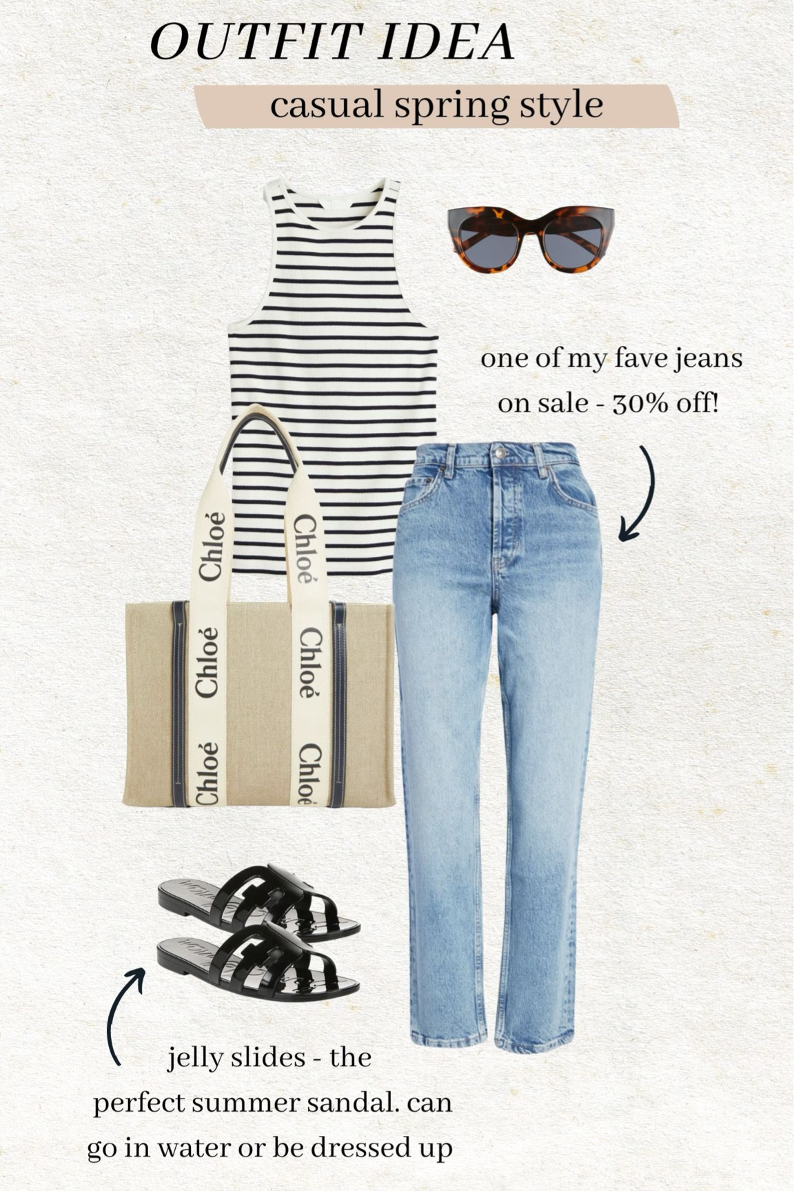 Outfit idea - casual spring style 🤍 one of my favorite pairs of jeans is currently 30% off! These jelly slides are the perfect sandal - can go in water or be dressed up. 

Spring outfit; summer outfit; spring style; striped top; striped tank; rails denim; straight leg denim; mom style; Chloe tote; Christine Andrew 

#LTKshoecrush #LTKSeasonal #LTKstyletip
