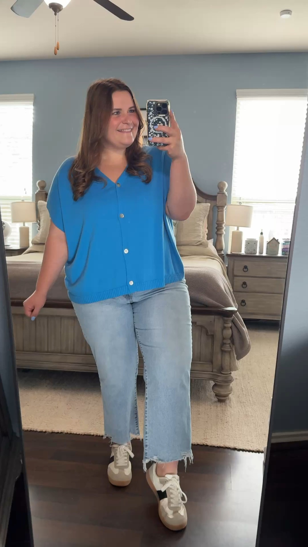 Wearing an xxl in this blue short sleeve cardigan from Amazon. A size 16 in the Walmart jeans. I’m 5’1 for reference. 

#LTKMidsize #LTKootd #LTKPlusSize